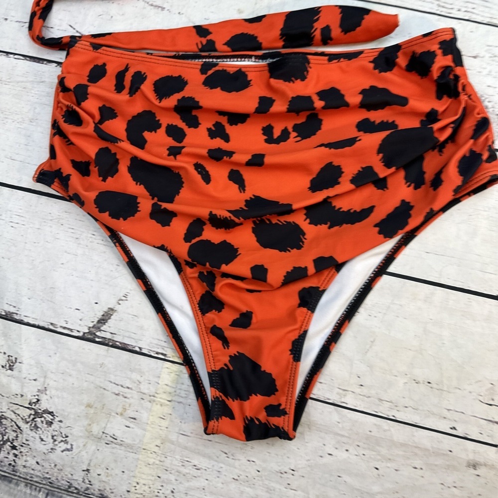 Red Black Leopard Print High Waisted Bikini Set 2 Piece Swimsuit Plus Size 0XL - Picture 2 of 6
